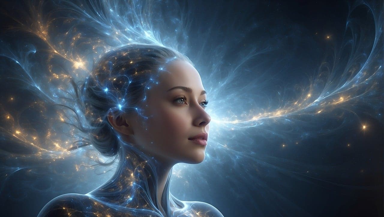 Woman in profile with luminous neural energy streams flowing through a cosmic atmosphere